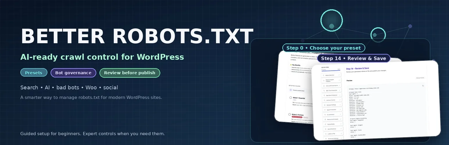 Better Robots.txt homepage banner showing the preset-based interface